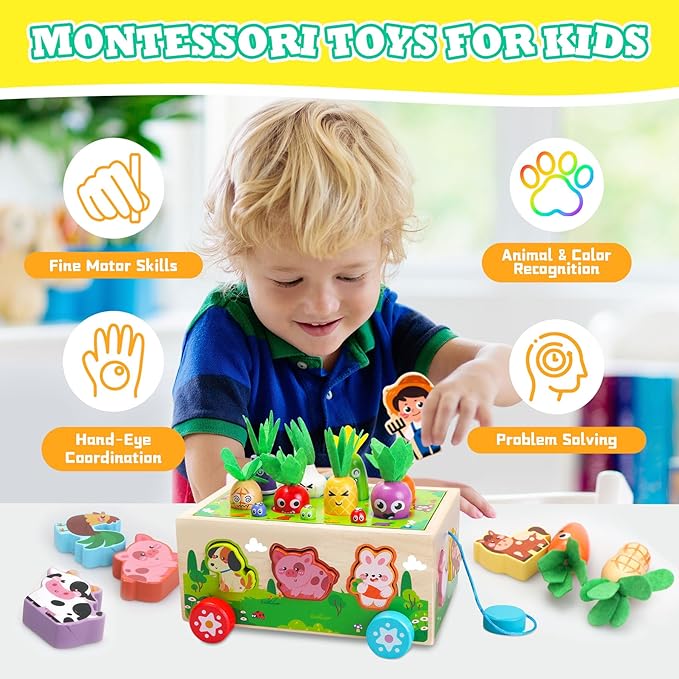 Montessori Toys for 1 2 3 Year Old Girls Boys|Wooden Learning Educational Toys for Toddlers 1-3|Shape Sorting Toys with Game Map|Wood Animal Farm Baby Toys for Baby 1+ 1-2 First Birthday Girl Gifts