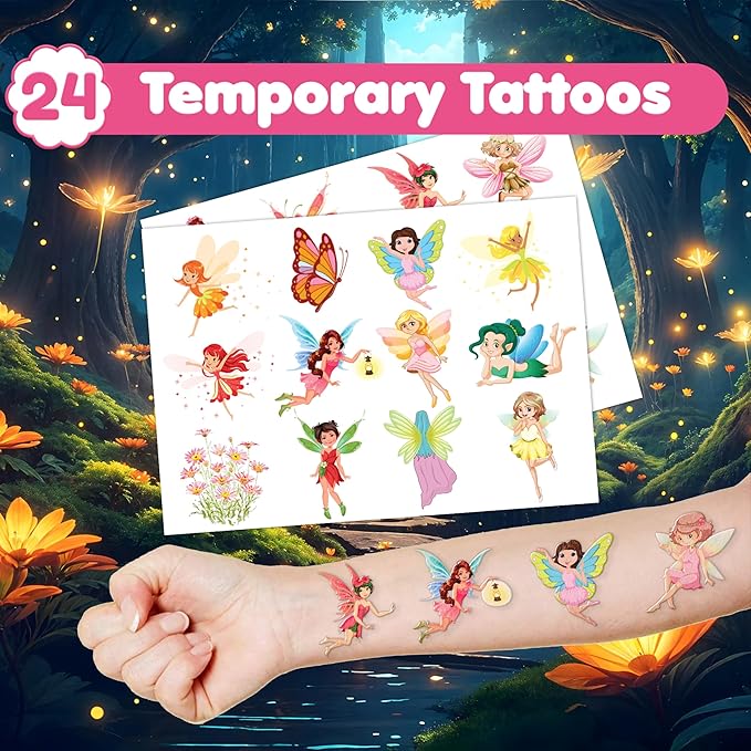 48PCS Fairy Party Favors - 24 Tattoos & 24 Slap Bracelets, Ideal for Fairy-Themed Birthdays, Baby Showers, and Classroom Rewards for Kids