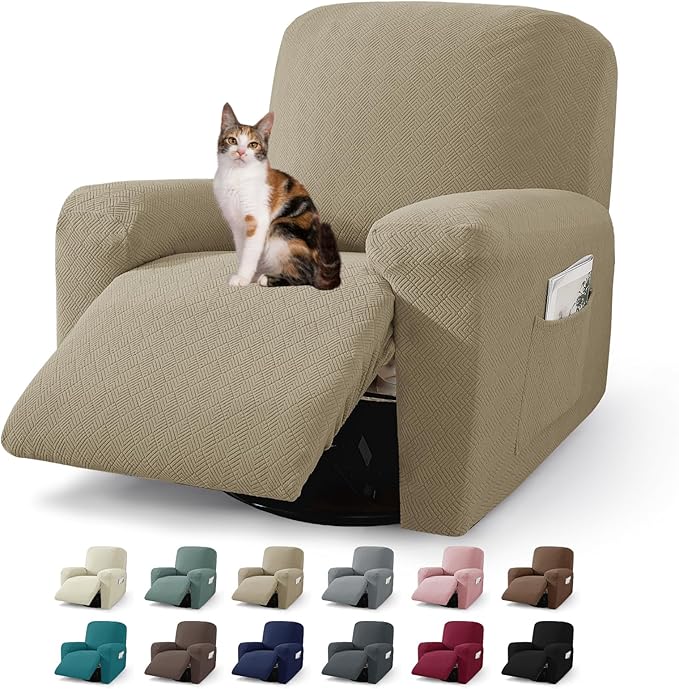 JIVINER 3 Piece Recliner Chair Cover Stretch Lazy Boy Non Slip Covers for Recliner with Pockets Soft Jacquard Reclining Sofa Slipcovers Furniture Protector with Elastic Bottom (1 Seater, Khaki)