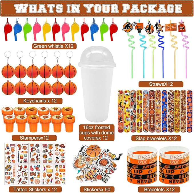 146 Pcs basketball Party Favors, Sports Party Supplies with Cup Straw Basketball Keychain Tattoo Sticker Slap Bracelet Whistle Treat Bag Fillers for Classroom Rewards Birthday Party (Basketball)