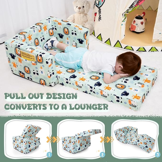 Kids Sofa, Comfy 2-in-1 Toddler Couch Fold Out, Convertible Sofa to Toddler Lounge Chair for Boys and Girls (Animal, Green)