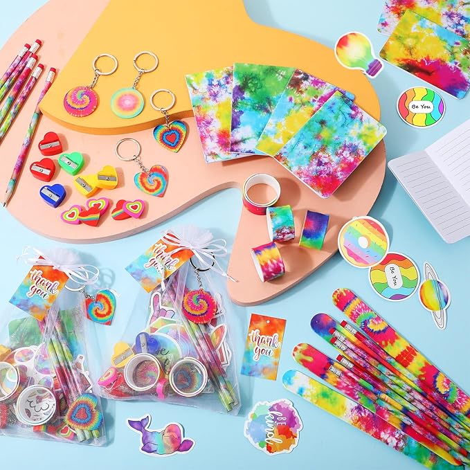178 Pcs Tie Dye Party Favors Bulk Rainbow School Stationery Set with Slap Bracelets Mini Notebooks Stickers Pencils Heart Eraser Sharpener Keychains for Kids Students Class Reward Prize Supplies