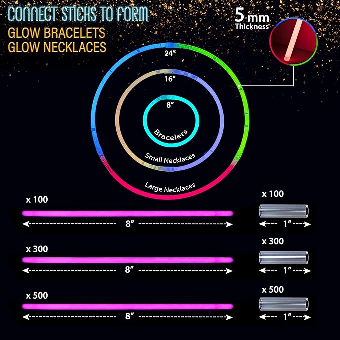 500 Pcs Glow Sticks Bulk Party Pack – 8” Neon Glow-in-the-Dark Bracelets & Necklaces for Kids & Adults - Party Supplies & Decorations for Halloween, Christmas, Birthdays - 500 Connectors Included