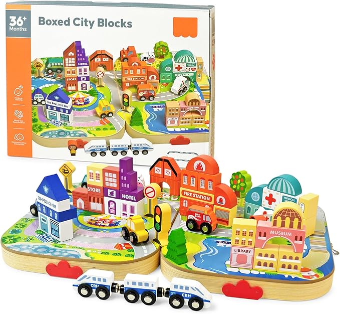 Vileafy Toys Building Blocks Set for Boys and Girls Gift, 56 Pcs Wooden City Stacking Block, Educational Toys for 3 4 5 6 Years Old Kids