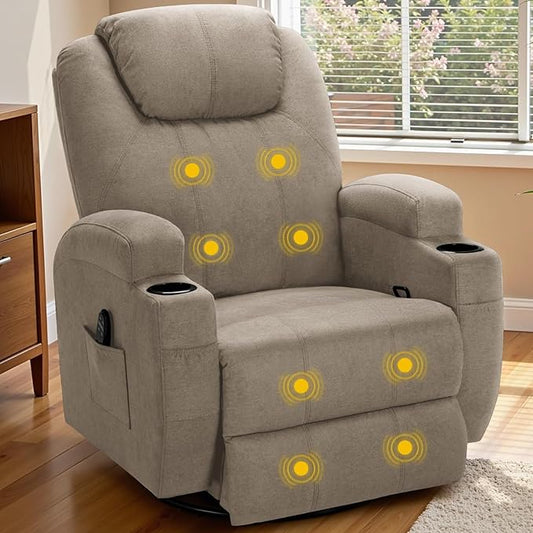 Recliner Chair, 360° Swivel Rocker Chair for Adults, Rocking Recliner Chair with Massage, Comfy Single Sofa with Side Pockets Cup Holders for Living Room, Bedroom, Nursery (Fabric, Khaki)