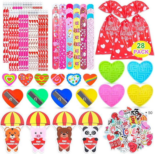 28 Pack Valentines Day Gifts for Kids Classroom, 222 PCS Valentines Exchange Party Favors Toys with Pencils, Erasers, Stickers, Cards, Slap Bracelets, Mazes, Assorted Valentines Stationery Kit