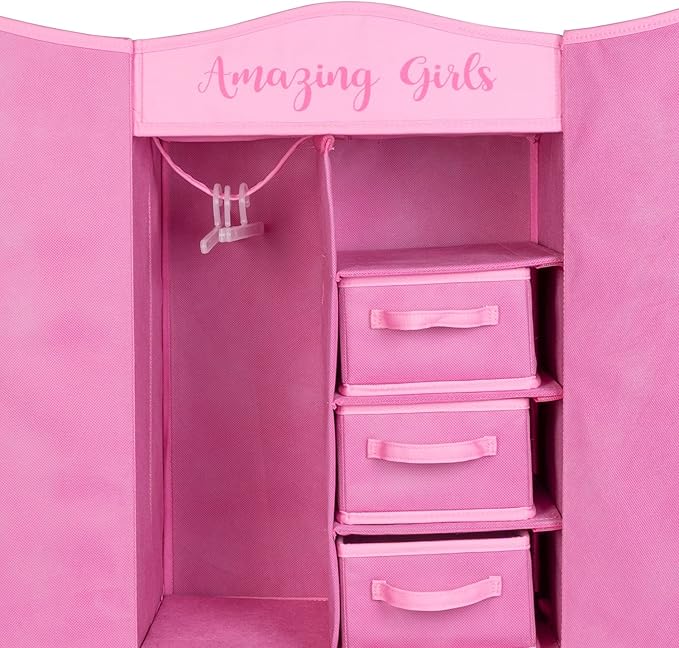 Adora Premium Quality Doll Closet, Pink Doll Wardrobe with Six Shelves, Large Drawer and Mirrored Door, Fits Most Dolls Up to 18 ", Birthday Gift for Ages 6+