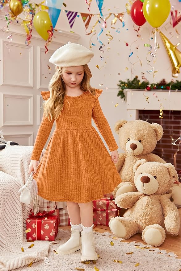 Arshiner Toddler Girl Dress Baby Girls Knitted Ruffle Sleeve Pocket Dresses A-Line Flared Fall Winter Clothes for 2-8 Years