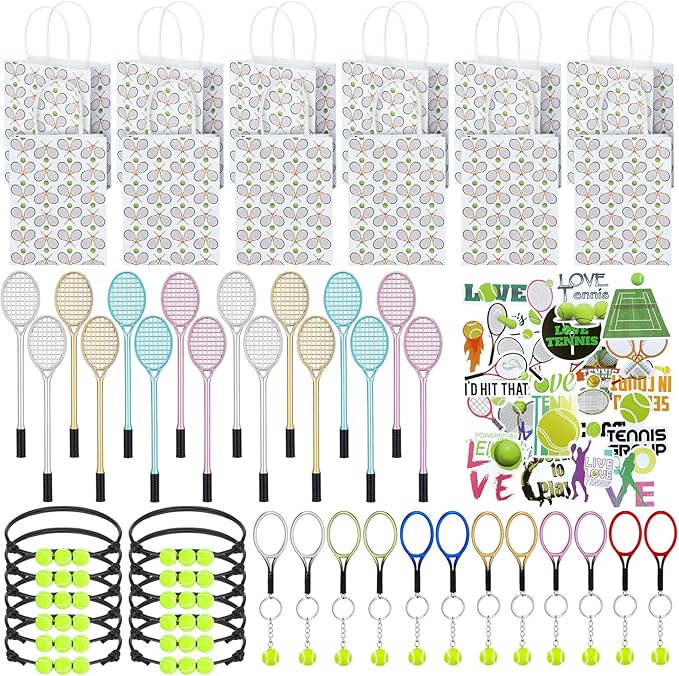 98 Pcs Tennis Party Favors, Tennis Party Decorations Includes 50 Tennis Stickers 12 Mini Tennis Racket Keychain 12 Tennis Charm Bracelets 12 Tennis Racket Shape Pens 12 Party Paper Bags