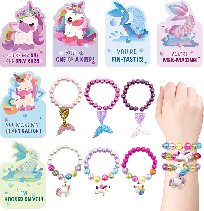30Pack Mermaid & Unicorn Valentines Day Cards for Kids with Rainbow Bracelets - Perfect Classroom Prizes, Unicorn Valentines Gifts for Kids Party Favors for School Exchange Gifts for Girls