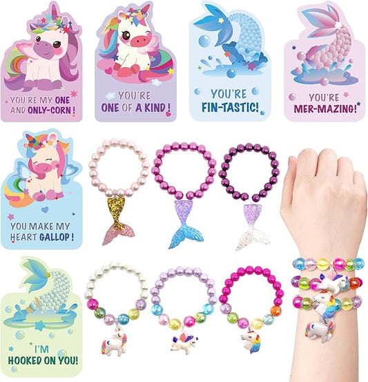 30Pack Mermaid & Unicorn Valentines Day Cards for Kids with Rainbow Bracelets - Perfect Classroom Prizes, Unicorn Valentines Gifts for Kids Party Favors for School Exchange Gifts for Girls