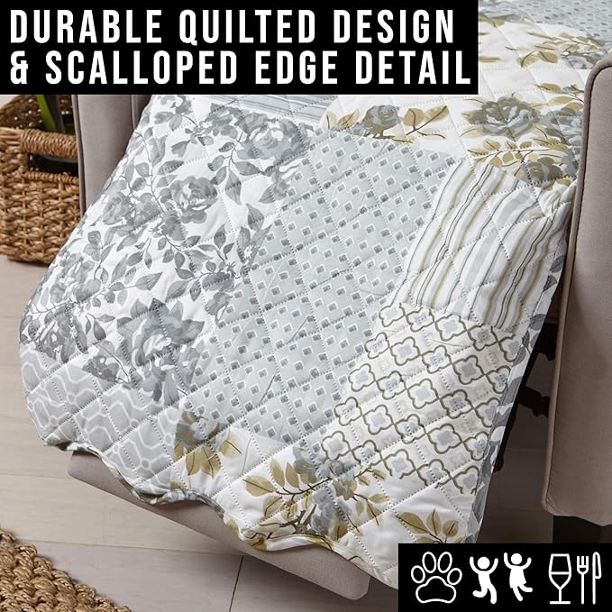 Patchwork Scalloped Printed Furniture Protector Stain Resistant Recliner Cover (Recliner, Grey)