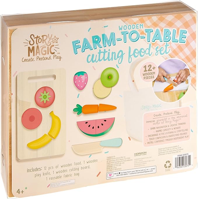 Story Magic Wooden Farm-to-Table Cutting Food Set, Wooden Play Food Toy, Kids Wood Cutting Fruits Vegetables, Toddler Cooking Pretend Play Kitchen Food Set