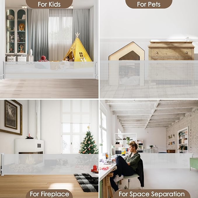 178 Inch Extra Long Baby Gate Retractable Dog Gate Outdoor Gates for Decks Indoor Retractable Baby Gates Wide Dog Gate for Super Wide Openings Retractable Gates for Dogs, Garage Gate, Light Gray