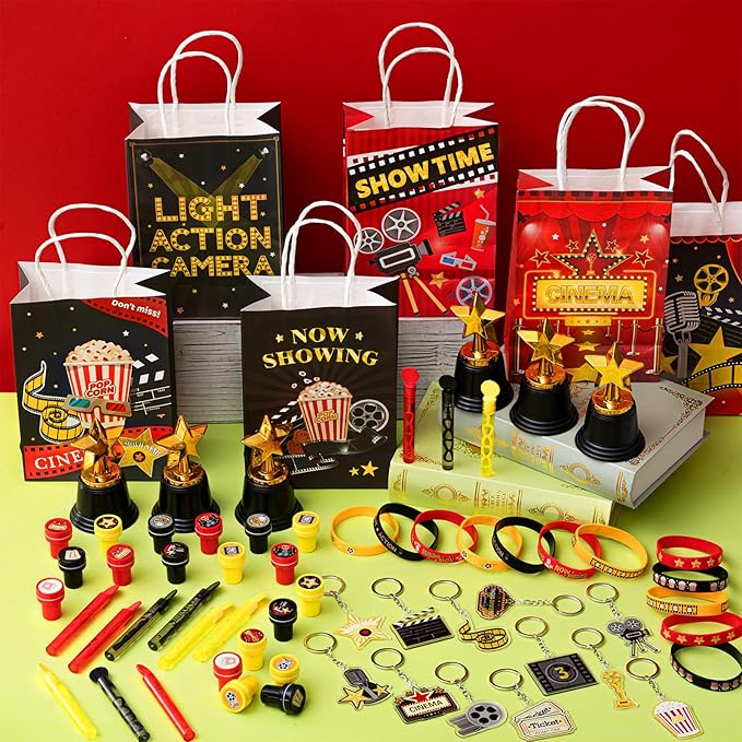 68 Pcs Movie Night Party Favors Movie Night Gift Bags Movie Stampers Silicone Bracelets Keychains Star Trophy Awards Bubble Wands for Movie Night Crazy Birthday Party Gift Goodie Bag Fillers