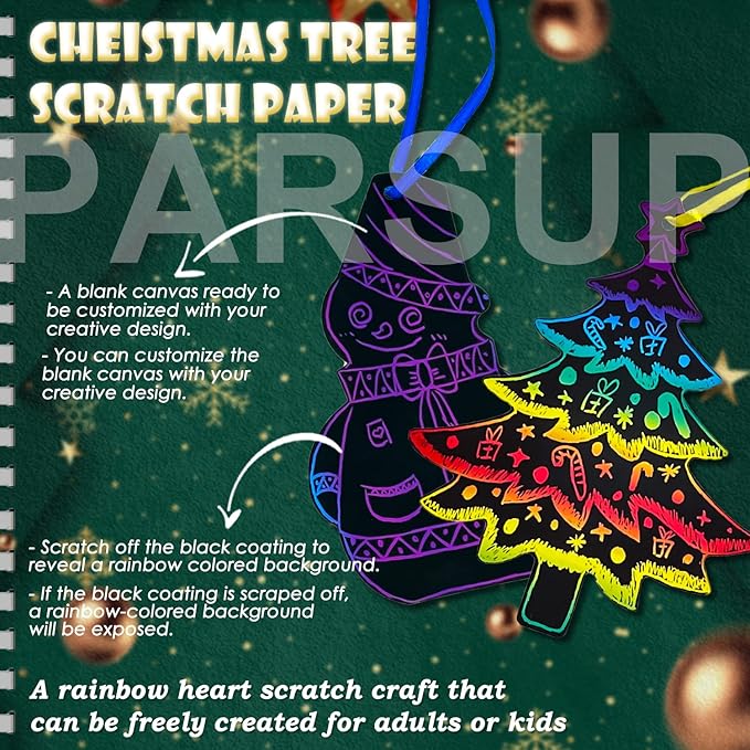 96Pcs Christmas Tree Snowman Scratch Paper Rainbow Color Scratch Ornaments Christmas Decorations Hanging Craft Art Kits with Wooden Stick and Ribbon for Kids Christmas Winter Party Favors