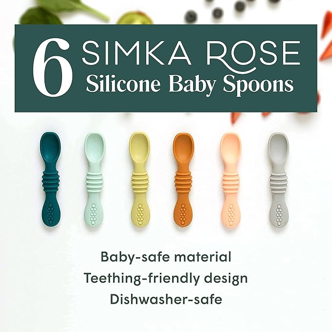Simka Rose Silicone Baby Spoons Self Feeding 6 Months - First Stage Infant Spoons for Babies & Toddlers- Baby Led Weaning Spoons Set of 6- Easy on Gums Food Training Utensils Dishwasher Microwave Safe