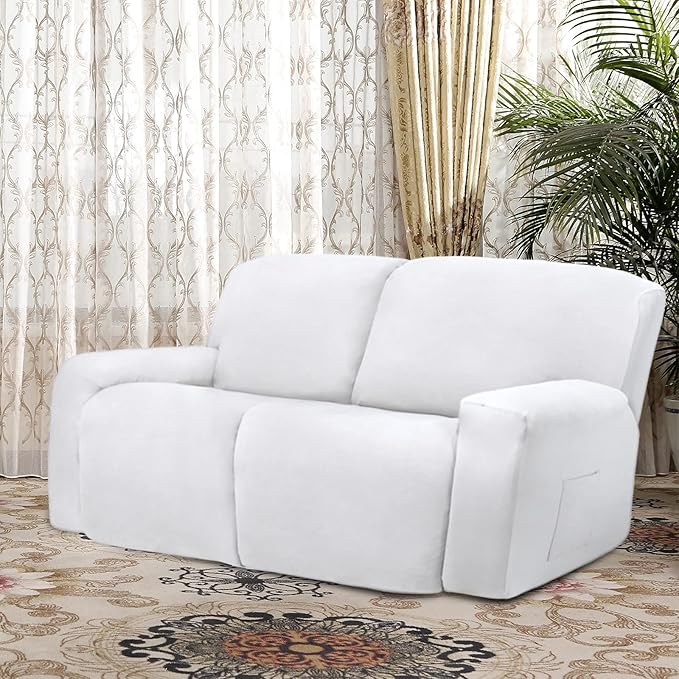 Easy-Going Oversized 6 Pieces Microfiber Stretch Sectional Recliner Loveseat Sofa Slipcover Soft Fitted Fleece 2 Seats Couch Cover Washable Furniture Protector with Elasticity for Kids Pet Snow White