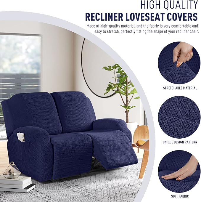 KinCam Recliner Covers, Stretch Reclining Chair Covers, Recliner Sofa Slipcovers Stripe Jacquard Recliner Couch Covers Furniture Protector Covers for Pet Kid (2 Seater, Dark Blue)