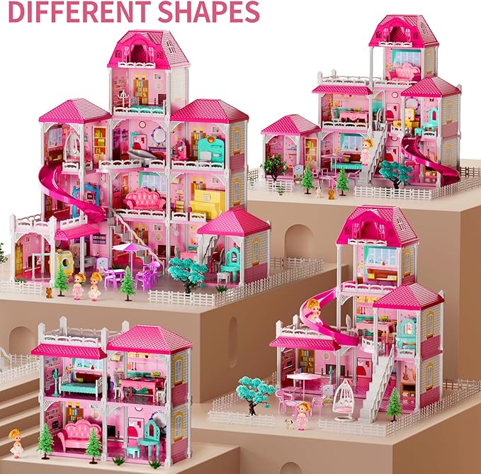 TEMI Villa Toys for 3 4 5 6 7 8 Years Old Girls - 4 Storeys 12 Rooms, Indoor Playset with 2 Dolls Toy Figures, Toys Furniture and Accessories, Pretend Girls Plays, Building Toys, Gifts Toy