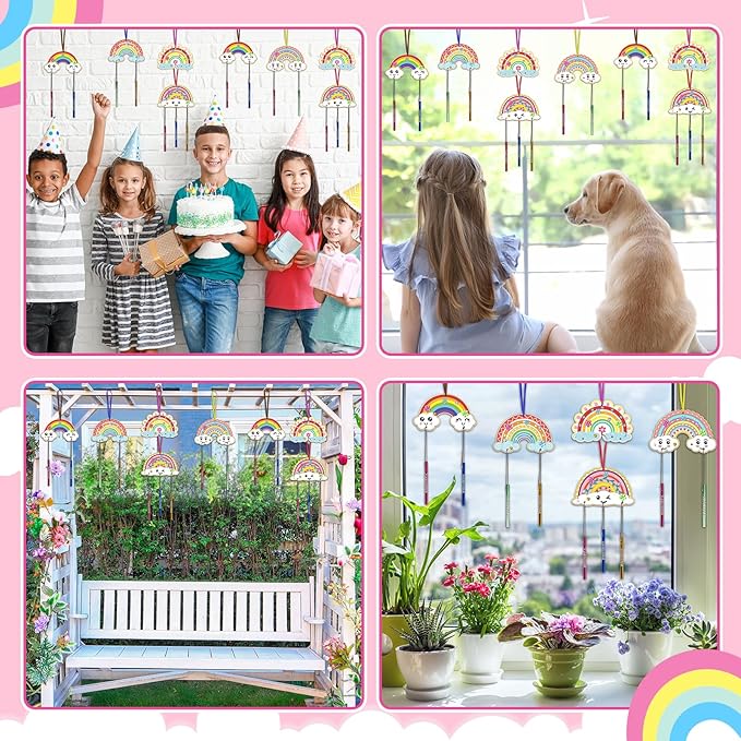 Fennoral 10 Rainbow Wind Chime Craft Kits for Kids Make Your Own Wind Chime Ornament DIY Coloring Wooden Art and Craft for Classroom Art Projects Spring Summer Birthday Decorations