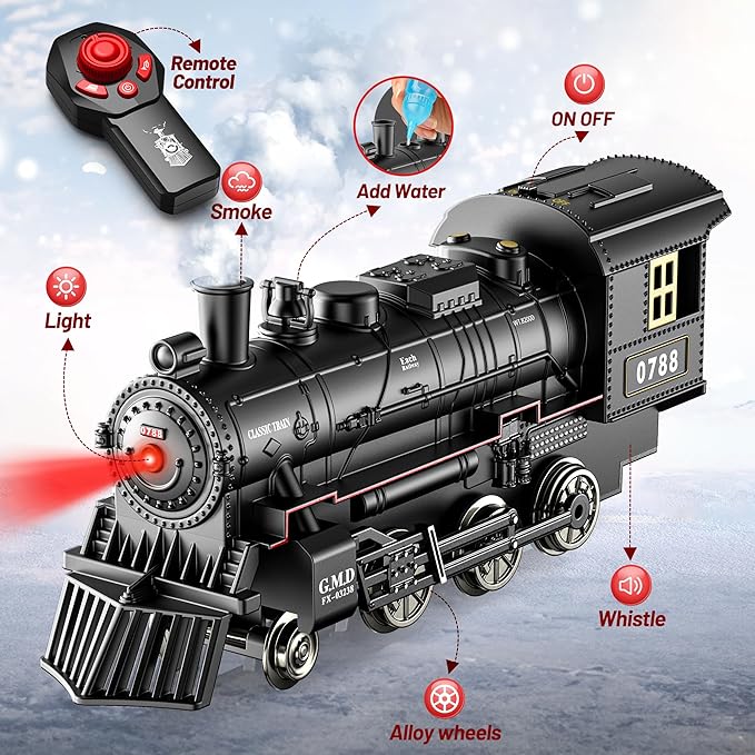 Hot Bee Train Set, Remote Control Train Toys with Luxury Track & Glowing Passenger Carriages, Metal Christmas Tree Train with Smoke, Light and Sound, Toy Train Set for 3 4 5 6 7+ Years Old Boys Gifts