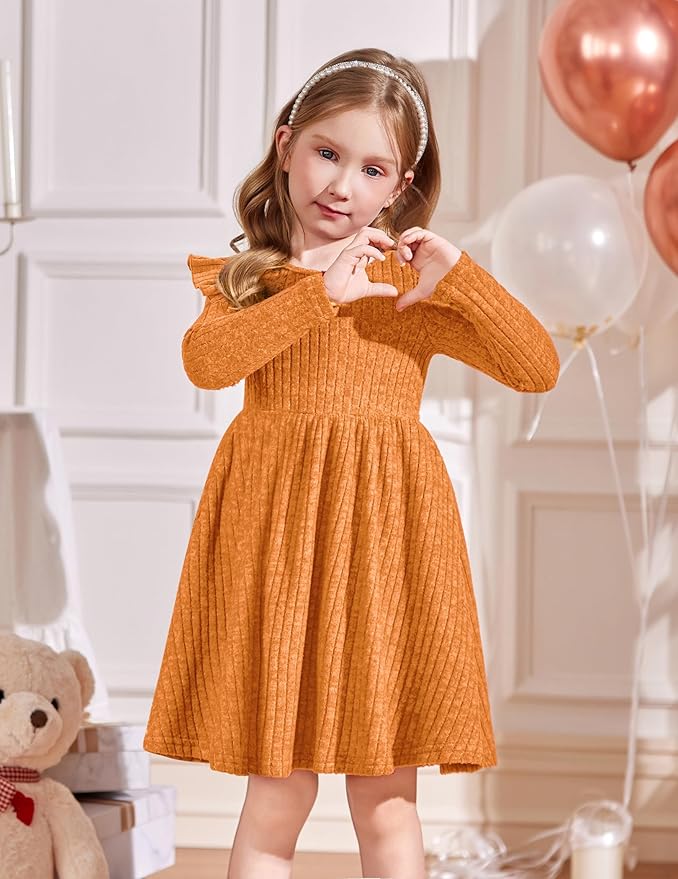 Arshiner Toddler Girl Dress Baby Girls Knitted Ruffle Sleeve Pocket Dresses A-Line Flared Fall Winter Clothes for 2-8 Years