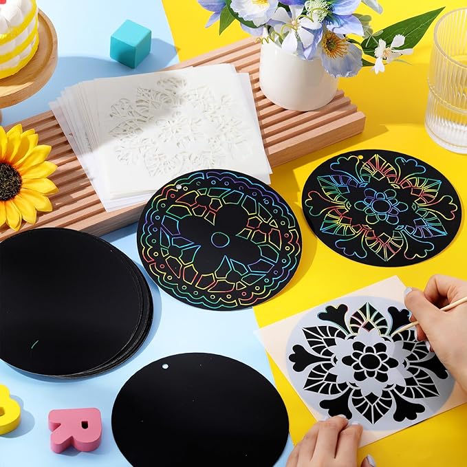 48 Pieces Mandala Scratch Cards Rainbow Xmas Scratch Paper for Kids DIY Round Ornaments with Drawing Stencils Wooden Stick and Ribbon Suitable Hobby for Adults, Kids, Teens and Seniors