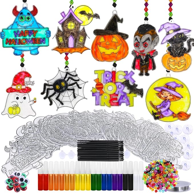 27 Sets Halloween Suncatcher Ornaments Decoration DIY Window Paint Art Craft Kit Jack-O'-Lantern Ghost Vampire Witch Spider Sun Catchers for Halloween Classroom Party Art Activity Trick or Treat Gift
