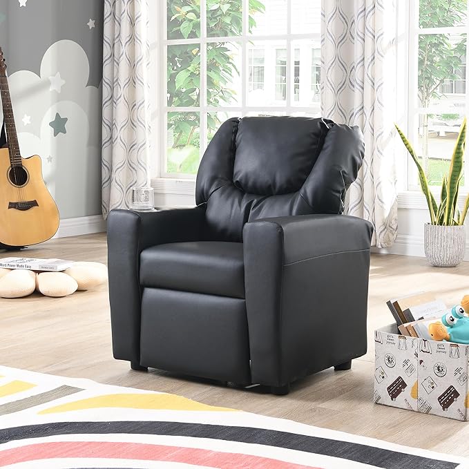 21.3" Kids Recliner Chair,Toddler Armchair Upholstered Couch with Cup Holder, Backrest,Children Upholstered Seating Sofa w/Headrest and Footrest,for Child's Bedroom,Black