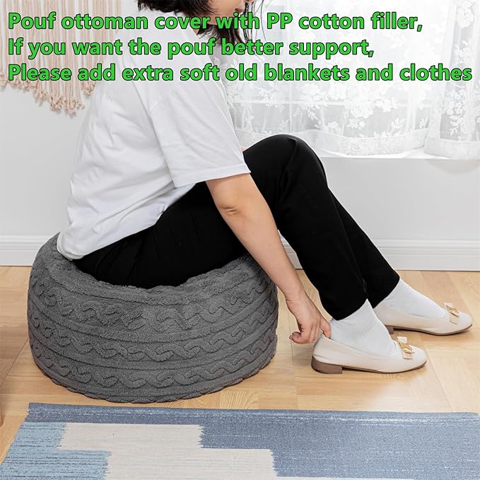 Round Stuffed Pouf Ottoman 20x20x12 Inches Plush Fiber Ottoman Foot Rest Under Desk Foot Stool Great for Living Room Bedroom Small Furniture (Gray Pouf with Filler)
