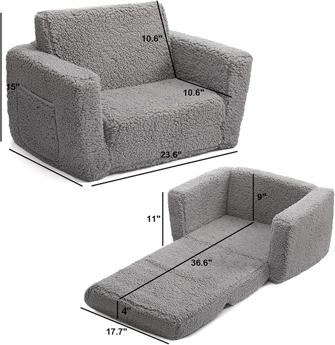 ALIMORDEN 2-in-1 Flip Out Cuddly Sherpa Toddler Couch, Convertible Sofa to Lounger, Grey