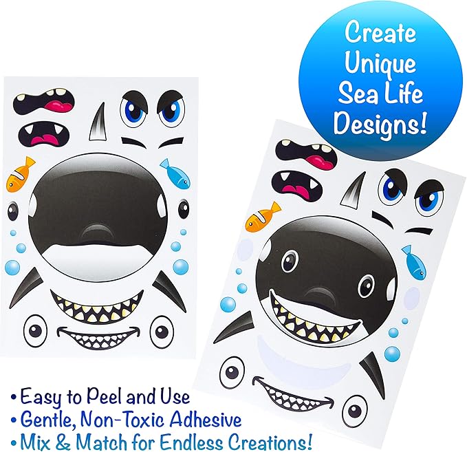 24 Make A Big Sea Life Sticker Sheets - Orca Killer Whale, Humpback, Dolphin & Great White Shark Stickers - Great Addition to Mermaid Birthday Party Favors - Fun Activity That Encourages Creativity