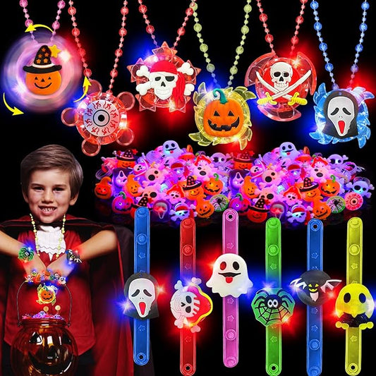 62 Pcs Halloween Party Favors for Kids Rotating Fidget Spin Light up Necklaces LED Bracelets Flash Rings Halloween Toys Glow in The Dark Halloween Party Supplies Gift Halloween Treat Goodie Bag Filler