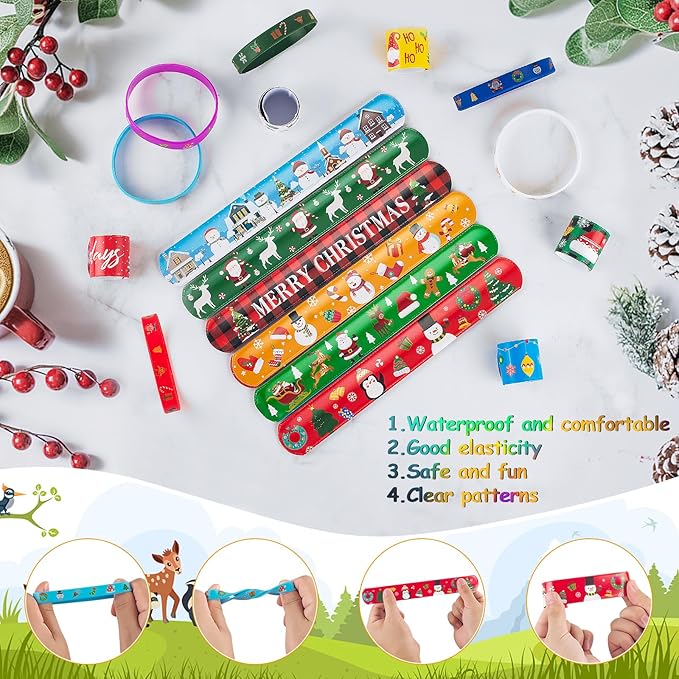 48 PCS Christmas Slap Bracelets and Rubber Bracelets for Kids Holiday Party Favors Bracelets Silicone Wristbands for Birthday Party Supplies Boys and Girls'Santa Gifts Xmas Stocking Stufers