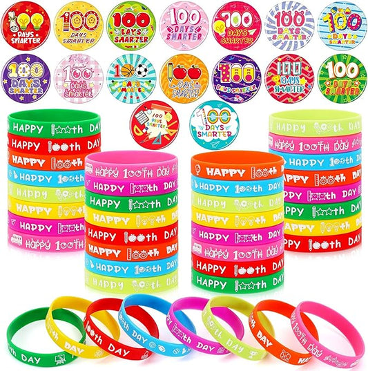 64PCS 100 Days of School Party Favors 32pcs 100 Days Smarter Button Badges Pins and 32pcs Silicone Bracelets for Happy 100th Day of School Activities Party Decorations Goodie Bag Fillers