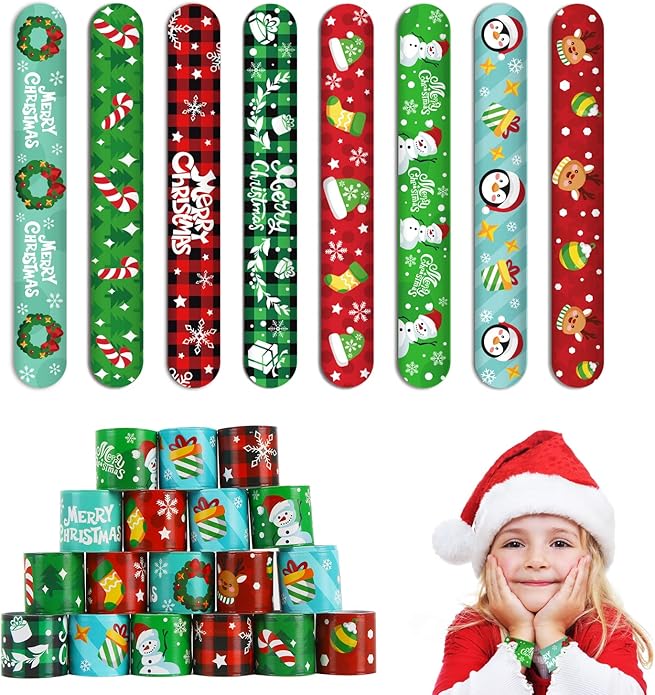 KIMOBER 48PCS Christmas Slap Bracelets,Assorted Snap Wristbands with Xmas Elements for Kids Party Favors