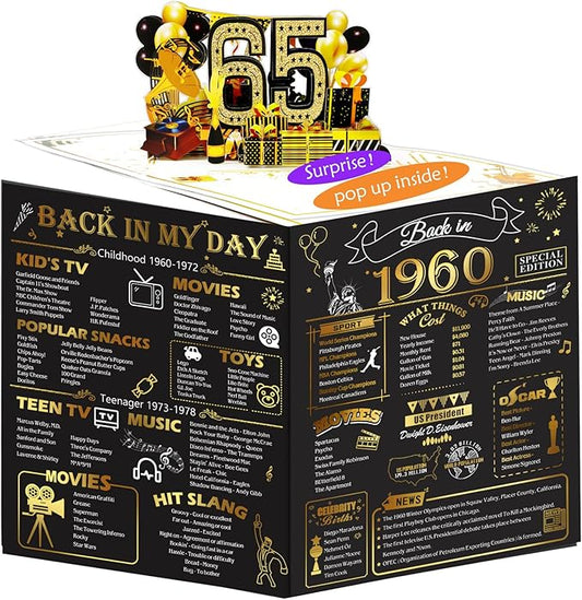 65th Birthday Card for Men Women, 3D Pop Up 65th Birthday Gifts Cards for Him Her, Back In 1960 Funny 65 Year Old Birthday Decorations