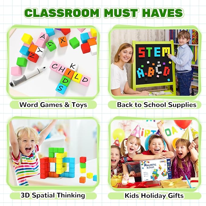 40pcs Magnetic Blocks for Toddler Toys, Large Magnetic Cubes Building Blocks Classroom Must Haves, STEM Preschool Montessori Sensory Magnet Toys for 3 4 5 6 Year Old Boys and Girls
