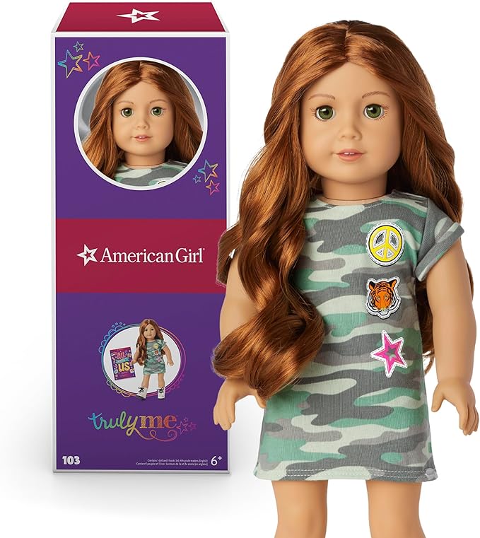 American Girl Truly Me 18-inch Doll #103 with Green Eyes, Red Hair, Light-to-Medium Skin, Camo T-shirt Dress, For Ages 6+