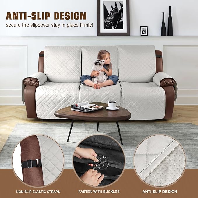 KinCam 100% Waterproof Recliner Sofa Covers, Non-Slip Reclining Couch Covers for 3 Seat, Recliner Couch Cover Furniture Protector with Elastic Straps for Pets, Kids, Beige White