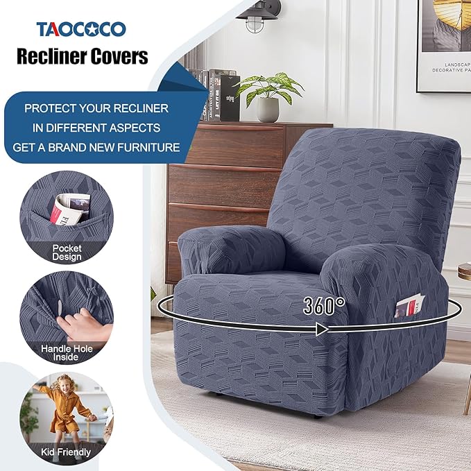 TAOCOCO Oversized Recliner Cover Stretch Recliner Chair Covers, Jacquard Reclining Chair Cover, Furniture Protector Sofa Slipcovers Couch Covers with Elastic Bottom for Kids, Pets (Grey)