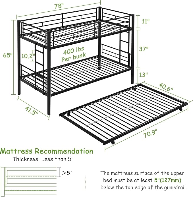 VECELO Twin Over Twin Bunk Bed with Trundle, Convertible Metal Bunkbeds with 2 Ladders and Guardrails, Space Saving, No Box Spring, Black
