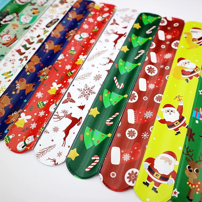 15 Pcs Christmas Slap Bracelets for Kids Christmas Slap Bracelets Bulk for Boys and Girls holiday Slap Bracelet Party Supplies Favors Classroom Prizes Exchanging Gifts
