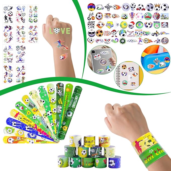 132Pcs Soccer Party Favors,12Pcs Soccer Drawstring Bags,12Pcs 2.4 Inch Mini Soccer with Soccer Keychains Stickers Bracelet Whistle Slap Bracelets Tattoo Stickers for Soccer Party Decorations Supplies