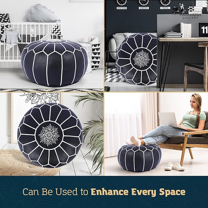 Marrakesh Gallery Genuine Leather Round Pouf Unstuffed - Moroccan Ottoman Footstool, Footrest Cover - Boho Decor - Bohemian Living Room, Bedroom, Kids Room, Gift & Wedding