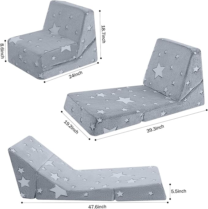 MeMoreCool Toddler Couch Fold Out Sofa Bed, Kids Lounge Chair Foldable Floor Lounger, 3-in-1 Folding Children Chair Bed, Pull Out Recliner for Toddlers 1-6, Star