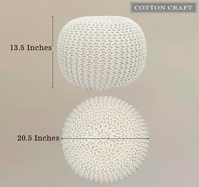 COTTON CRAFT Round Dori Pouf - Cotton Braid Cord Cable Knitted Ottoman - Foot Stool Footrest Floor Pouf Accent Furniture Bean Bag - Living Room Dorm Décor - 20.5 Dia x 13.5 High - Round Ivory Cream