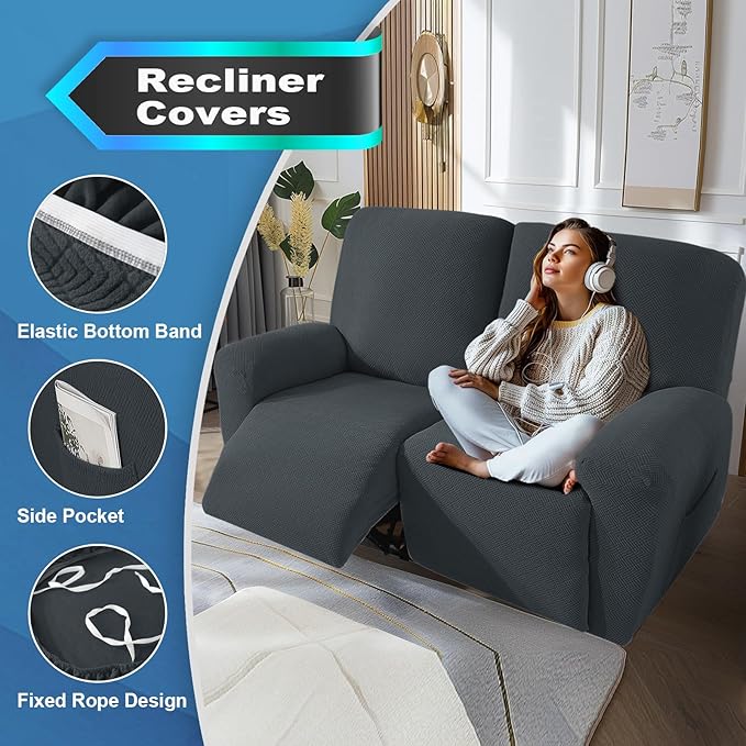 JIVINER 4 Pieces Recliner Loveseat Covers Stretch Recliner Sofa Slipcover with Elastic Bottom Jacquard Fitted Reclining Couch Cover Furniture Protector with Pockets (2 Seater, Dark Grey)