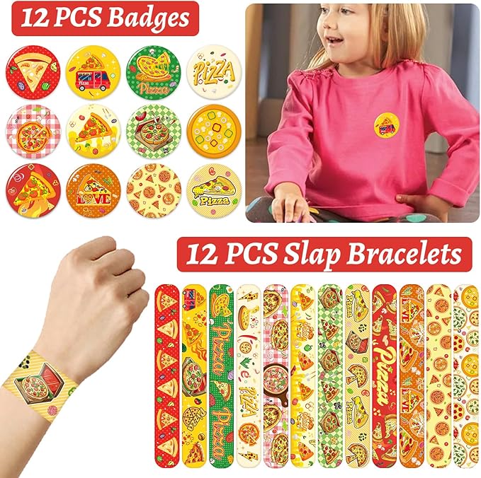 60 Pcs Pizza Party Favors Set Temporary Tattoos, Slap Bracelets, Keychains, Badges and Stickers for Pizza Themed Birthday Parties
